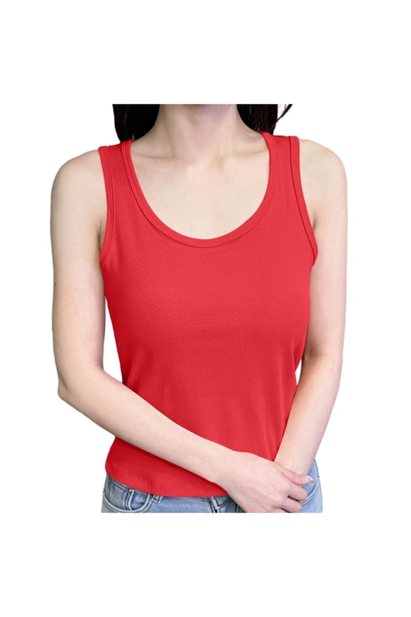 Basic Ribbed Summer Tank Tops for Womens Cute Solid Color Sleeveless Crew Neck Blouses Casual Slim Fitted Shirts Red