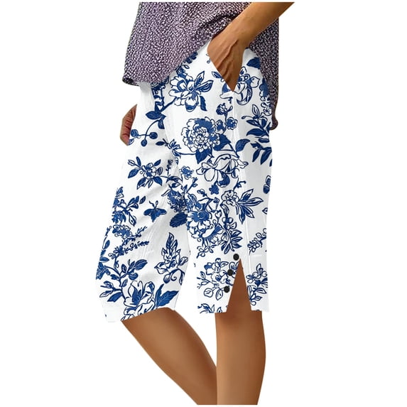 TEAJOPSUU Bermuda Shorts for Women Knee Length Side Slit Comfy Linen Shorts Casual Summer Boho Print Beach Short with Pockets L-Blue