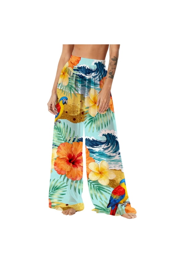 Boho Sheer Cover Up Pants for Women Summer Chiffon Pants Floral Print Upf 50+ Sun Protection Loose Fit Swimsuit Wide Leg Beach Pants R-Mint Green