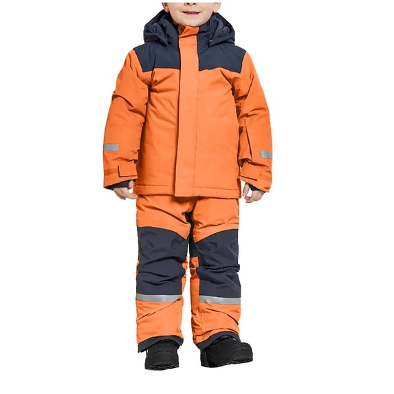 TEAJOPSUU Boy Girl 2 Piece Snowsuit Set Winter Warm Hooded Puffer Jacket & Snow Bib Pants Heavyweight Outfit Kids Ski Suits B-Orange