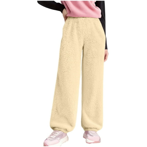 TEAJOPSUU Boy's Boy's Plush Fluffy Pants Winter Warm Fuzzy Fleece Pajama Pants Elastic Waist Lounge Bottoms Sleepwear with Pockets Beige