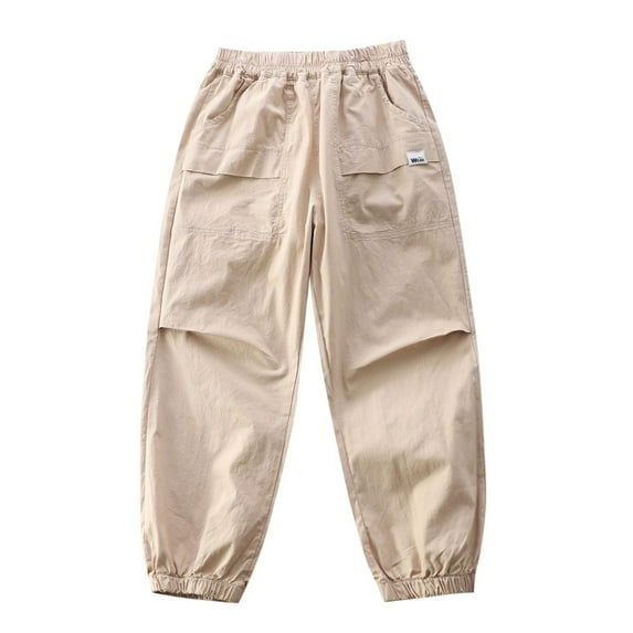 TEAJOPSUU Boys Cargo Pants Wide Leg Streetwear Kids Pants Elastic Waist Lightweight Outdoor Jogger Pants with Pockets 4-14 Years A-Khaki