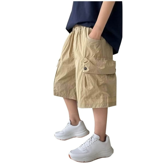 TEAJOPSUU Boys Cargo Shorts with Multi Pockets Summer Elastic Waist Cropped Pants for Kids Teens Loose Fit Knee Length Sport Pants 5-16Y A-Khaki