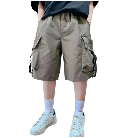 TEAJOPSUU Boys Cargo Shorts with Multi Pockets Summer Elastic Waist Cropped Pants for Kids Teens Loose Fit Knee Length Sport Pants 5-16Y C-Army Green