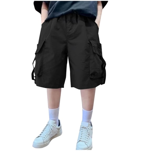 TEAJOPSUU Boys Cargo Shorts with Multi Pockets Summer Elastic Waist Cropped Pants for Kids Teens Loose Fit Knee Length Sport Pants 5-16Y C-Black