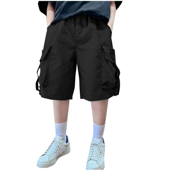 TEAJOPSUU Boys Cargo Shorts with Multi Pockets Summer Elastic Waist Cropped Pants for Kids Teens Loose Fit Knee Length Sport Pants 5-16Y C-Black
