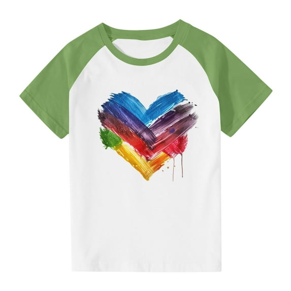 TEAJOPSUU Boys Girls Crew Neck Shirts Kids Tween Color Blocked Short Sleeve Top Casual Summer Soft Raglan Tees Cute Rainbow Heart Blouse 3-15 Years A-Green