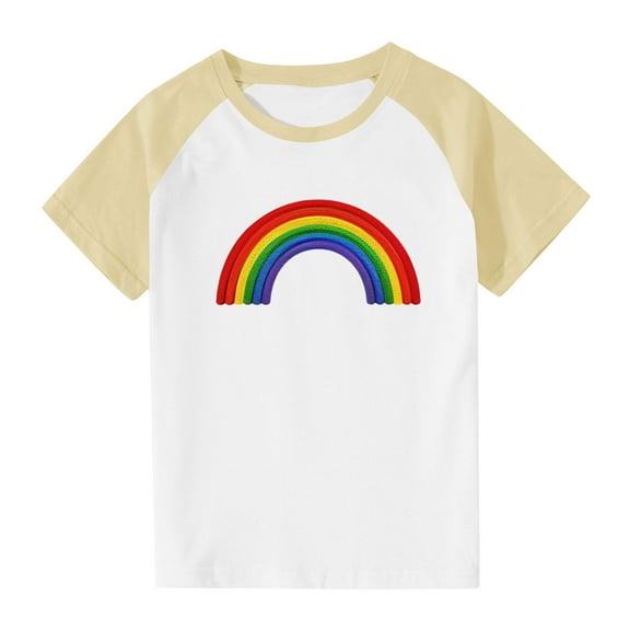 TEAJOPSUU Boys Girls Crew Neck Shirts Kids Tween Color Blocked Short Sleeve Top Casual Summer Soft Raglan Tees Cute Rainbow Heart Blouse 3-15 Years D-Yellow