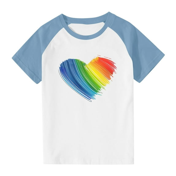 TEAJOPSUU Boys Girls Crew Neck Shirts Kids Tween Color Blocked Short Sleeve Top Casual Summer Soft Raglan Tees Cute Rainbow Heart Blouse 3-15 Years E-Light Blue