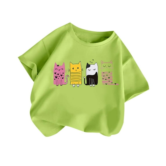 TEAJOPSUU Boys' Girls' Graphic Tee Summer Round Neck Short Sleeve T-Shirt Cotton Casual Cute Kitten Printed Tops Sizes 2-14Y & Plus A-Mint Green