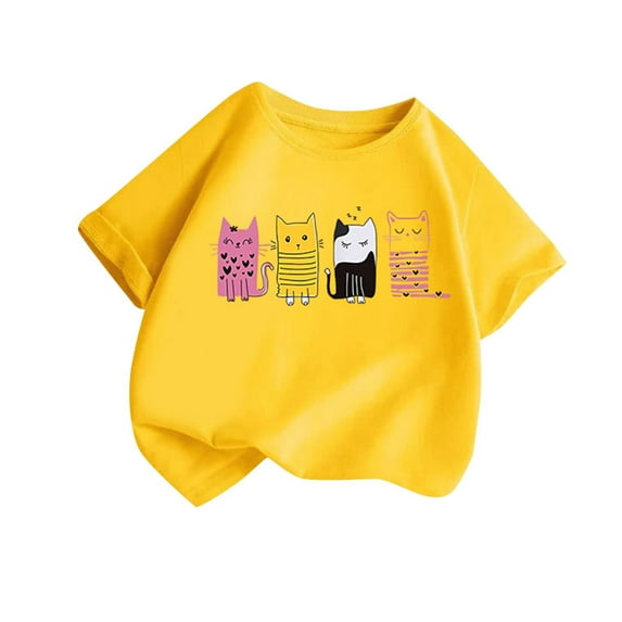 TEAJOPSUU Boys' Girls' Graphic Tee Summer Round Neck Short Sleeve T-Shirt Cotton Casual Cute Kitten Printed Tops Sizes 2-14Y & Plus A-Yellow