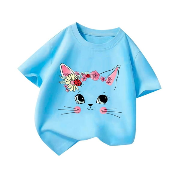 TEAJOPSUU Boys' Girls' Graphic Tee Summer Round Neck Short Sleeve T-Shirt Cotton Casual Cute Kitten Shape Printed Tops Sizes 2-14Y & Plus Blue