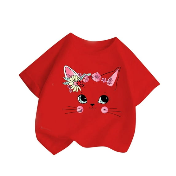 TEAJOPSUU Boys' Girls' Graphic Tee Summer Round Neck Short Sleeve T-Shirt Cotton Casual Cute Kitten Shape Printed Tops Sizes 2-14Y & Plus Red