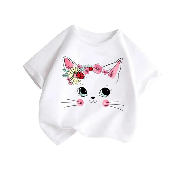 TEAJOPSUU Boys' Girls' Graphic Tee Summer Round Neck Short Sleeve T-Shirt Cotton Casual Cute Kitten Shape Printed Tops Sizes 2-14Y & Plus White