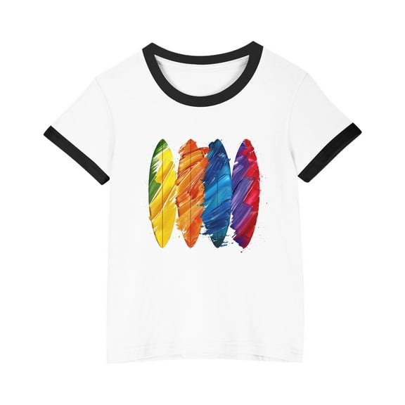 TEAJOPSUU Boys Girls Shirt with Short Sleeves Cute Contrast Trim Crew Neck Tops for Kids Tween Summer Comfy Rainbow Graghic Basic Blouse 3-15 Years B-Black