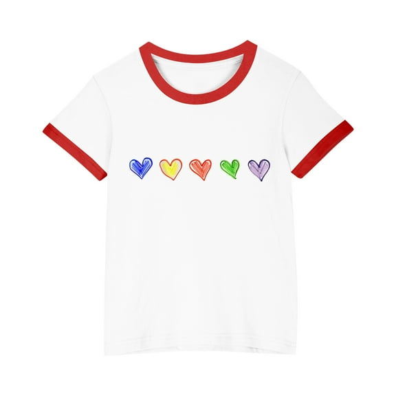 TEAJOPSUU Boys Girls Shirt with Short Sleeves Cute Contrast Trim Crew Neck Tops for Kids Tween Summer Comfy Rainbow Graghic Basic Blouse 3-15 Years D-Red