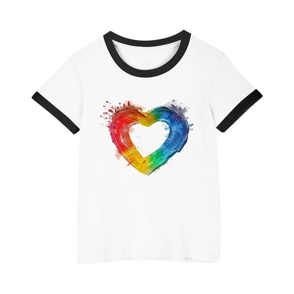 TEAJOPSUU Boys Girls Shirt with Short Sleeves Cute Contrast Trim Crew Neck Tops for Kids Tween Summer Comfy Rainbow Graghic Basic Blouse 3-15 Years G-Black