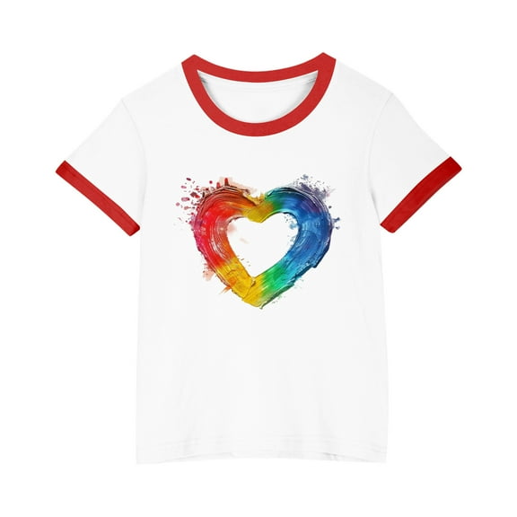 TEAJOPSUU Boys Girls Shirt with Short Sleeves Cute Contrast Trim Crew Neck Tops for Kids Tween Summer Comfy Rainbow Graghic Basic Blouse 3-15 Years G-Red