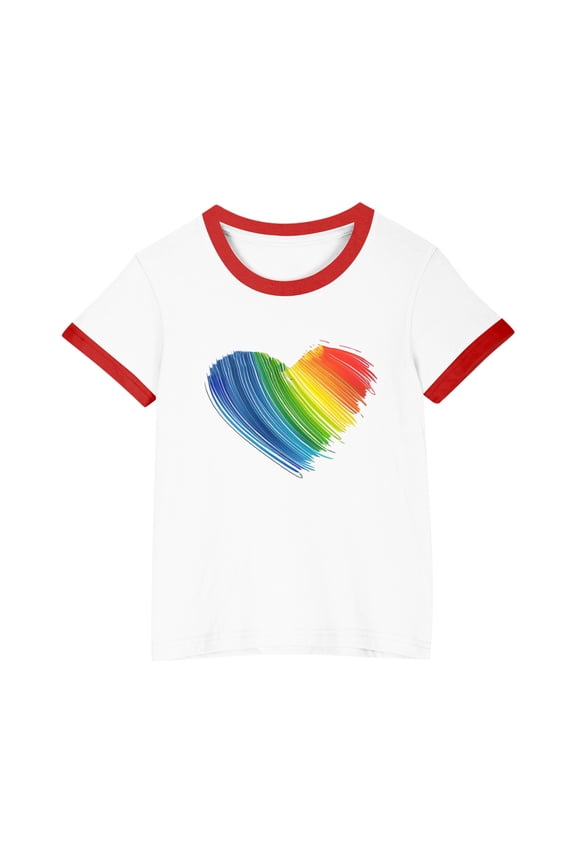 Boys Girls Shirt with Short Sleeves Cute Contrast Trim Crew Neck Tops for Kids Tween Summer Comfy Rainbow Graghic Basic Blouse 3-15 Years J-Red