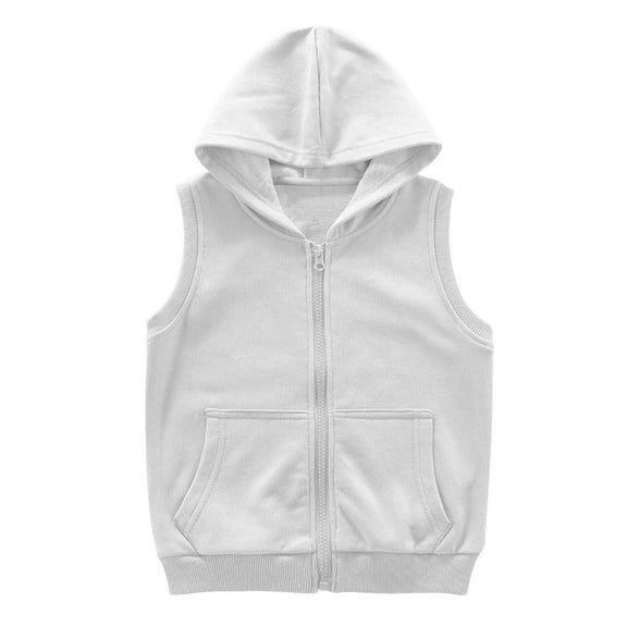 TEAJOPSUU Boys Girls Sleeveless Cotton Hoodies Full Zip Round Neck Ribbed Cuff Hooded Jackets Solid Color Elastic Bottom Waistcoat 3-12S White