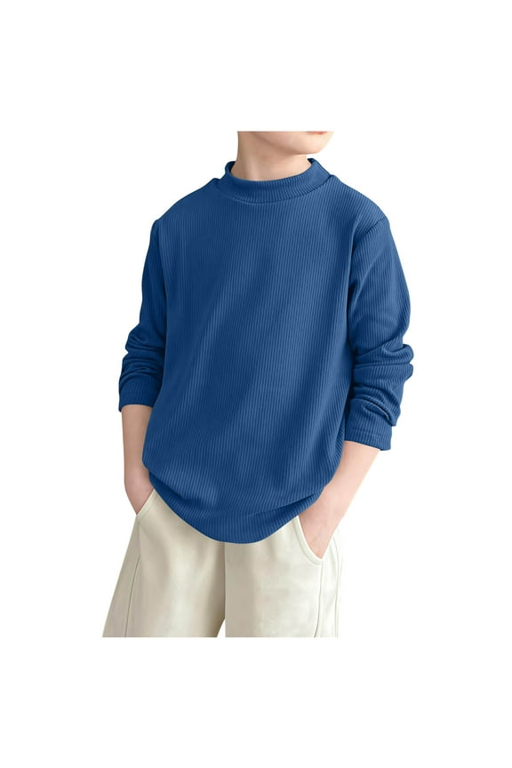 Boys Teens Casual Fleece Pullover Semi High Neck Thick Warm Long Sleeve Sweaters Kids Knit Striped Crewneck Jumper Tops 4-16 Years Blue