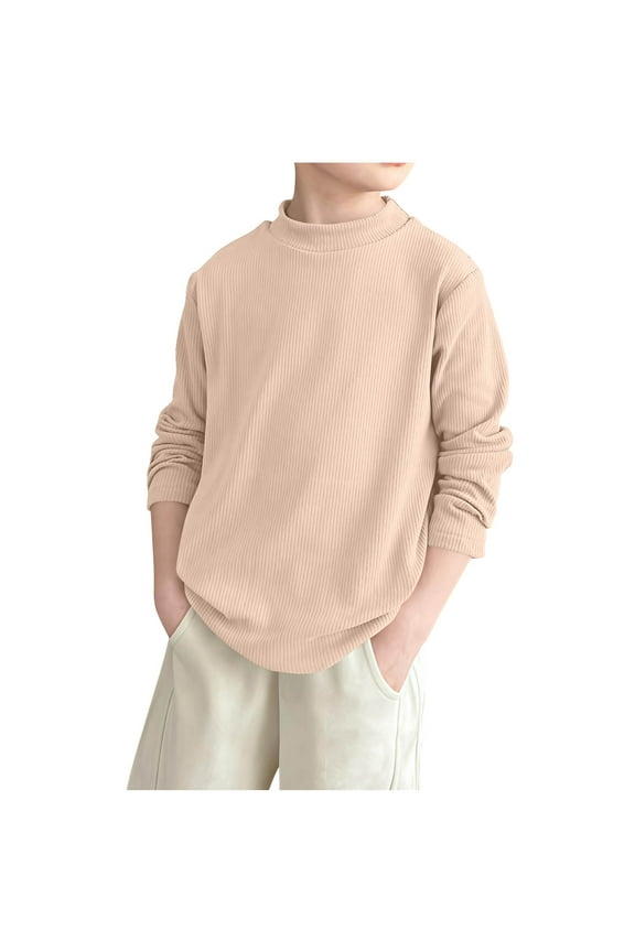 Boys Teens Casual Fleece Pullover Semi High Neck Thick Warm Long Sleeve Sweaters Kids Knit Striped Crewneck Jumper Tops 4-16 Years Khaki