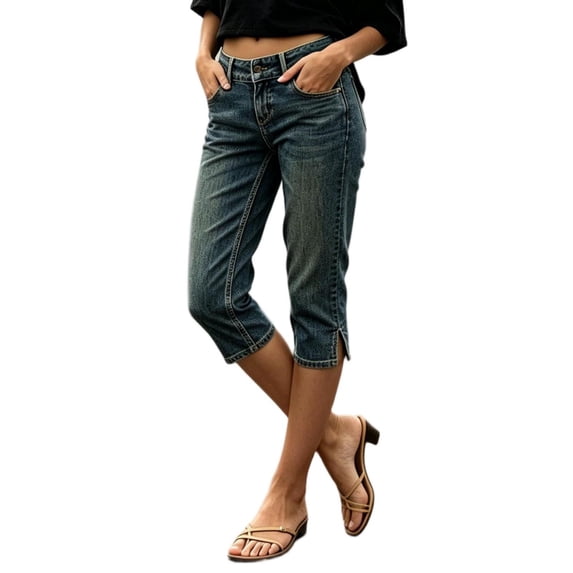 TEAJOPSUU Capri Jeans for Women Mid Rise Roll Hem Straight Leg Denim Pants Casual Summer Button Zipper Stretchy Capris Blue