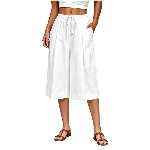 TEAJOPSUU Capri Pants for Women Drawstring Elastic Waist Summer Casual Loose Pants with Pockets White