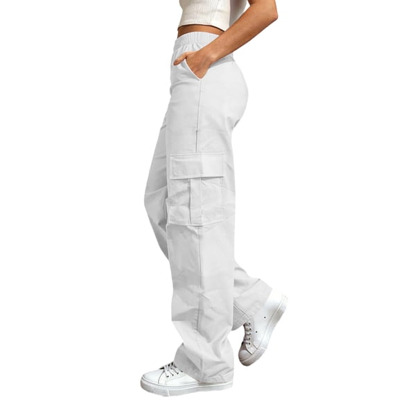 TEAJOPSUU Cargo Pants for Women High Waisted Baggy Wide Leg Stretchy Y2K Streetwear Cargo Pants with Pockets Casual Elastic Waist Cargo Trousers White
