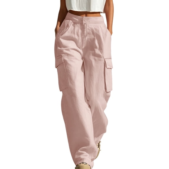 TEAJOPSUU Cargo Pants for Women Baggy Wide Leg High Waisted Button Fly Side Pockets Cargo Pants Trousers with Pockets Casual Streetwear Pink