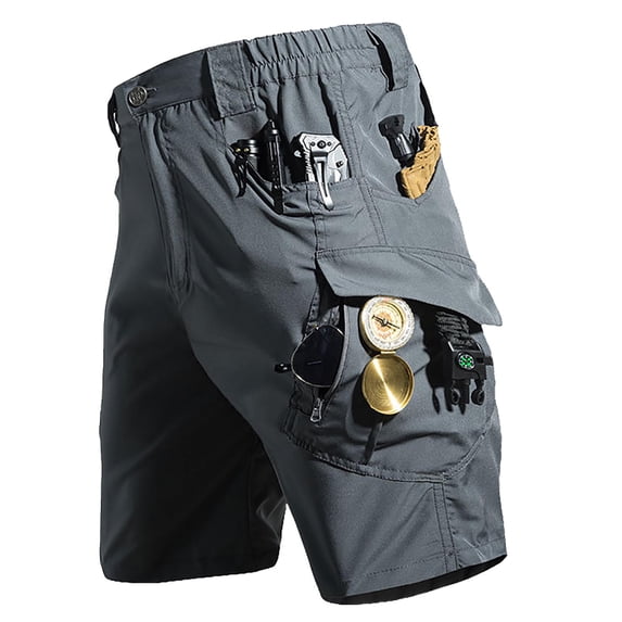 FAWUUDO Cargo Shorts for Men Button Elastic Waist Outdoor Waterproof Quick Dry Shorts with Multi Pockets S-3XL Gray