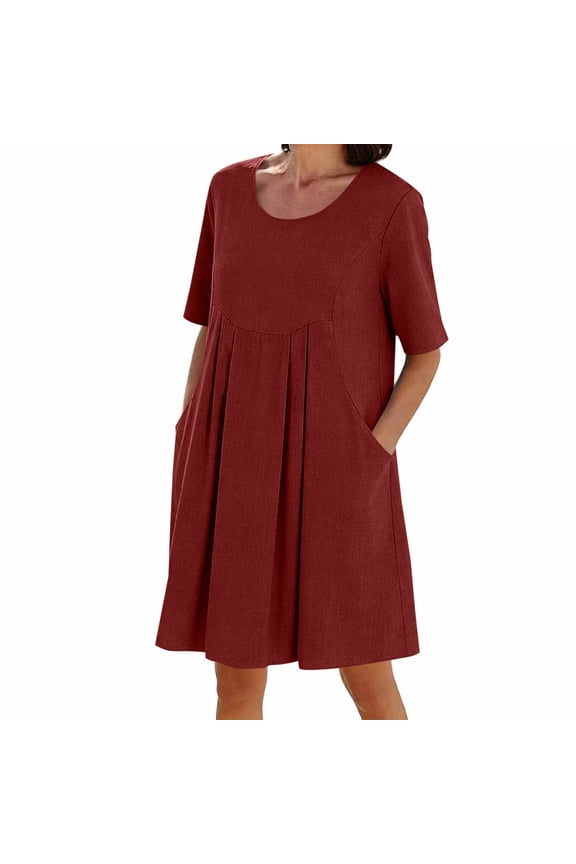 Casual Shift Dress for Women Pure Color Linen Blend Crew Neck Dress Loose Fit Short Sleeve Knee Length T Shirt Dress,Burgundy