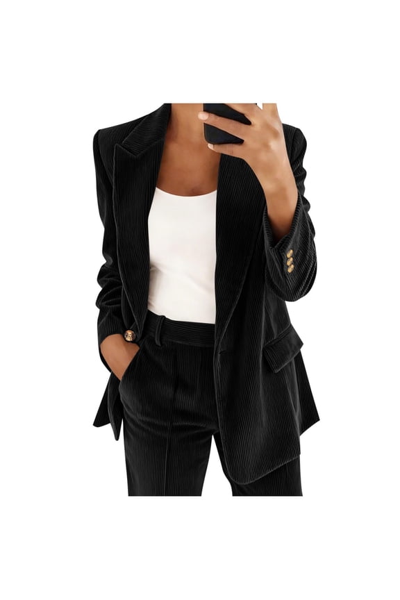 Corduroy Blazer for Women Business Casual Long Sleeve Lapel Open Front Suit Jacket Dressy Ribbed Work Blazer with Pockets Black