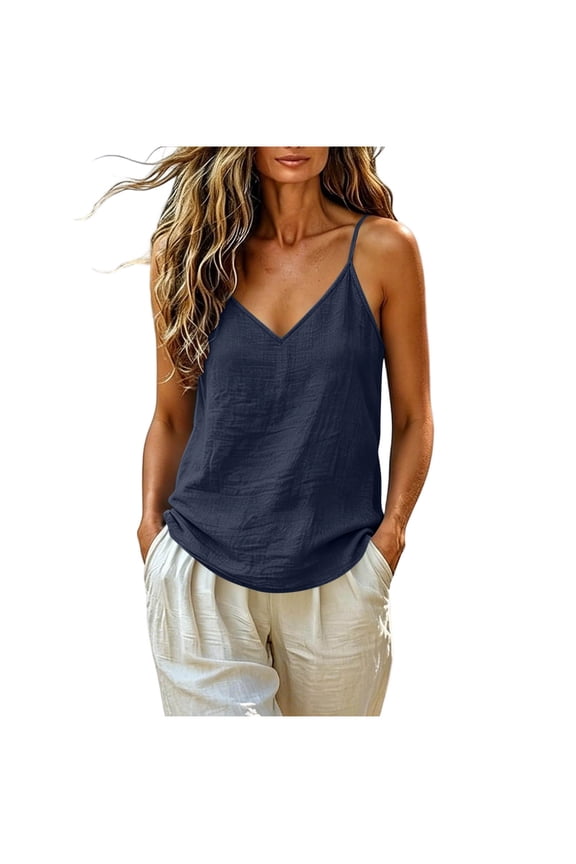 Cotton Linen Cami Tops for Womens Sleeveless Spaghetti Straps V Neck Shirts Loose Fit Solid Color Camisole Tank Tops Slim Summer Going Out Blouses Navy