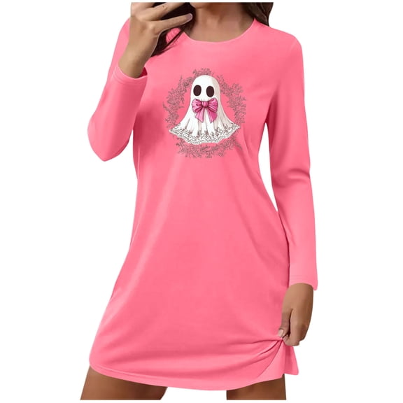 ZQUUVOU Cotton Nightgown for Women Cute Printed Long Sleeved Sleepdress Crew Neck Loose Comfortable Short Nightgown Hot Pink
