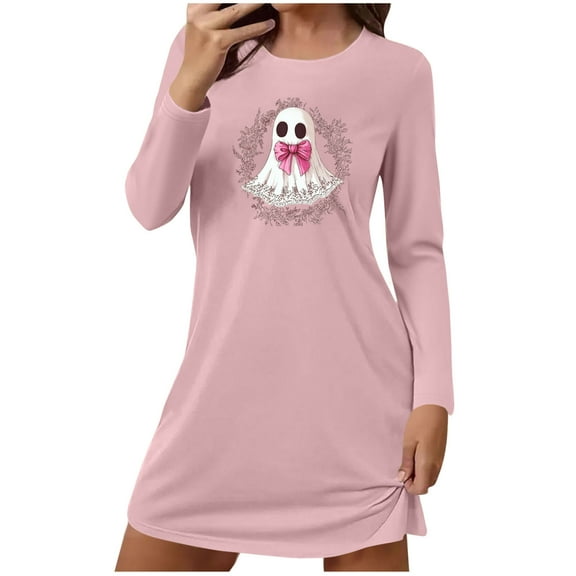ZQUUVOU Cotton Nightgown for Women Cute Printed Long Sleeved Sleepdress Crew Neck Loose Comfortable Short Nightgown Pink