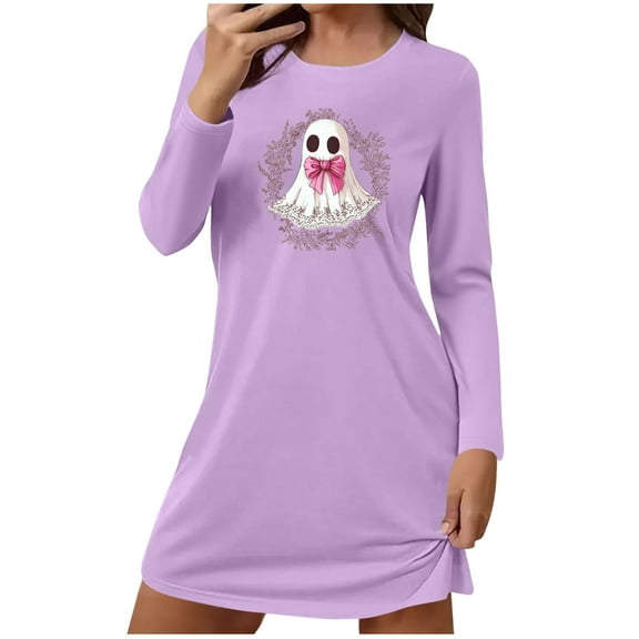 ZQUUVOU Cotton Nightgown for Women Cute Printed Long Sleeved Sleepdress Crew Neck Loose Comfortable Short Nightgown Purple