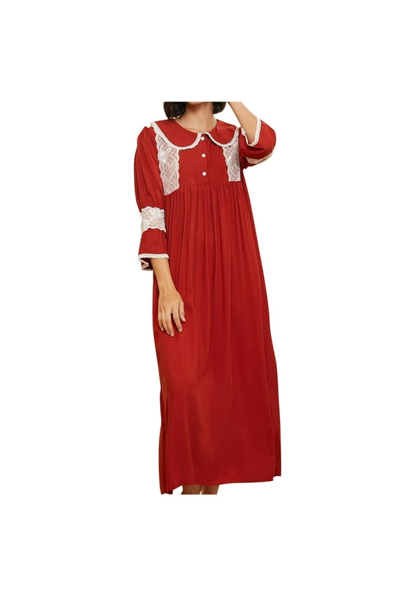 TEAJOPSUU Cotton Nightgown for Women Fashionable Casual Long Sleeved Lapel Lace Pajamas Dress Vintage Sleep Dress Red