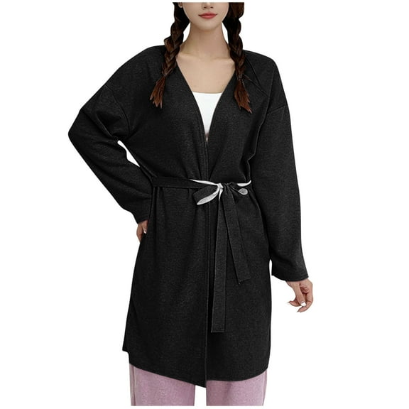 ZQUUVOU Fall Bathrobes for Women Solid Color Lightweight Nightgown Winter Loose Warm Thick Long Velvet Bathrobe Black
