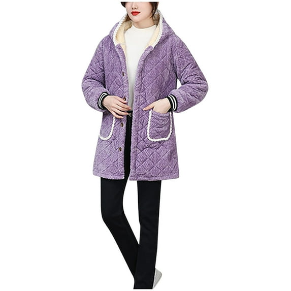 TEAJOPSUU Fuzzy Pajamas Tops for Women Winter Thicken Hooded Plush Loungewear Shirts Long Sleeve Button Down Pajama Tops Purple