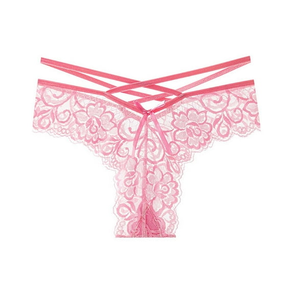 TEAJOPSUU G-String Thongs for Women Lace Mesh Transparent Thong Hollow Out Briefs Low Waist Underwear Panties A-Hot Pink
