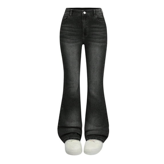 TEAJOPSUU Girl's Flare Jeans High Waisted Bell Bottom Denim Pants Cute Slim Fitted Elastic Waist Jeans with Pockets A-Black