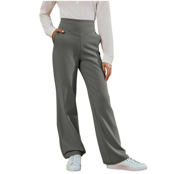 TEAJOPSUU Girl's Flare Pants Full Length Bell Bottoms Cross High Waisted Bootcut Pants Stretch Solid Color School Uniform Pants Gray