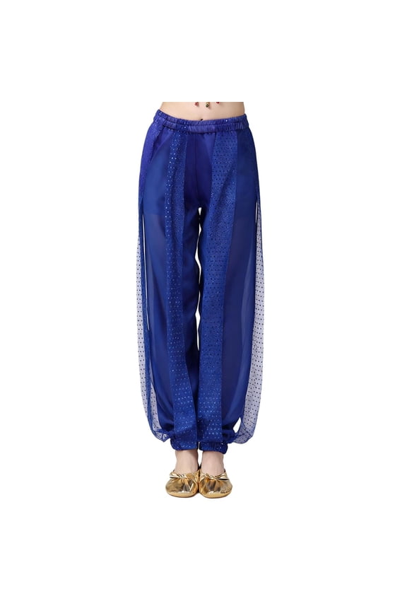 Girl's Harem Dance Pants High Waisted Tribal Pants Sequin Stage Performance Pants Soft Stretchy Ankle Tied Pants A-Blue