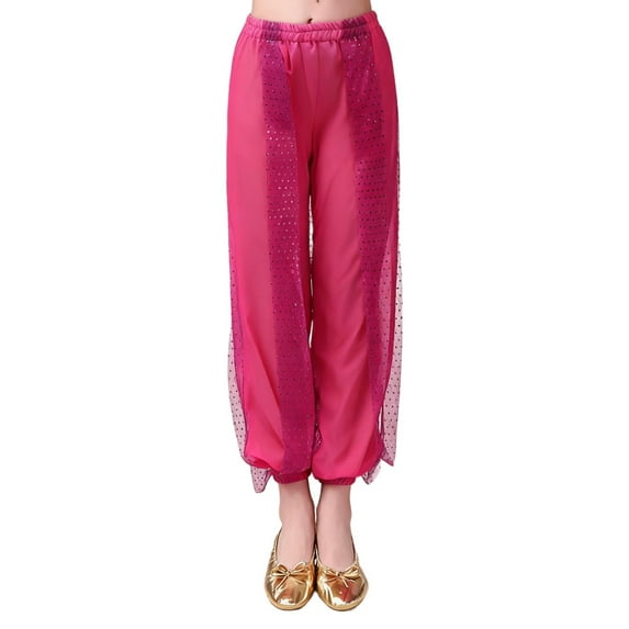 TEAJOPSUU Girl's Harem Dance Pants High Waisted Tribal Pants Sequin Stage Performance Pants Soft Stretchy Ankle Tied Pants A-Hot Pink