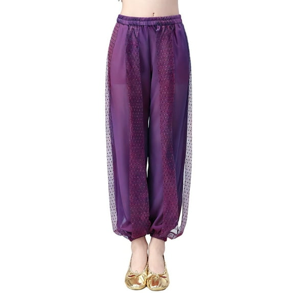 TEAJOPSUU Girl's Harem Dance Pants High Waisted Tribal Pants Sequin Stage Performance Pants Soft Stretchy Ankle Tied Pants A-Purple