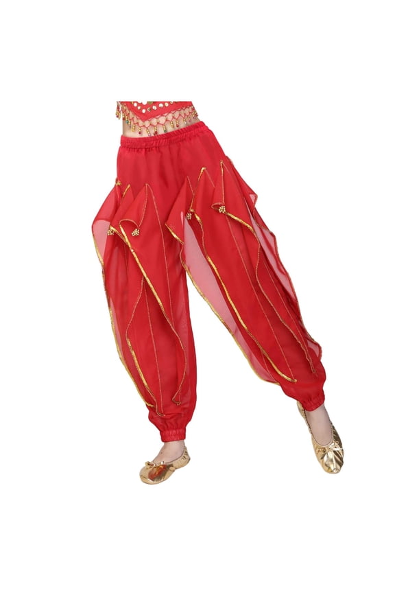 Girl's Harem Dance Pants High Waisted Tribal Pants Soft Gold Trim Sequin Stage Performance Pants Ankle Tied Pants B-Red