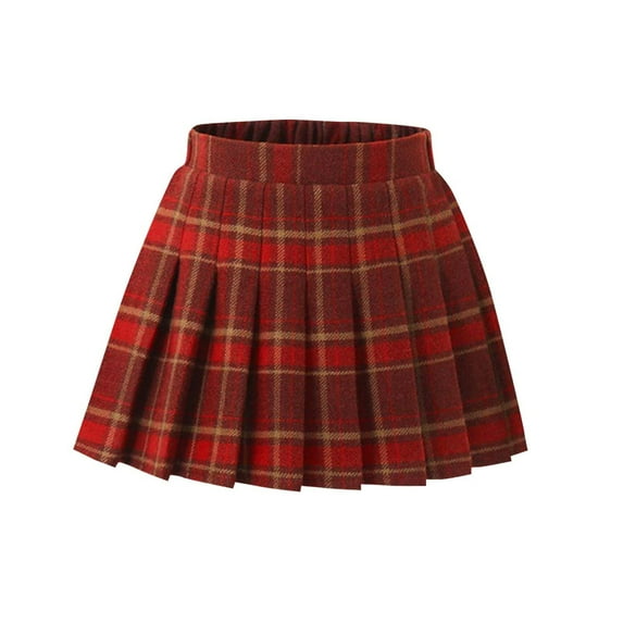 TEAJOPSUU Girl's Plaid Skirt Winter Fall Warm Elastic High Waist A-Line Wool Mini Skirt Pleated School Uniform Skort A-Burgundy