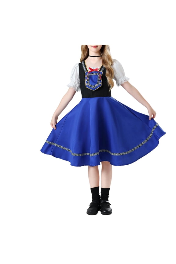 Girls Bavarian Oktoberfest Set 2 Piece German Traditional Beer Festival Outfits Long Sleeve Rose Embroidered Dirndl Dress with Maid Apron 5-12 Years Blue