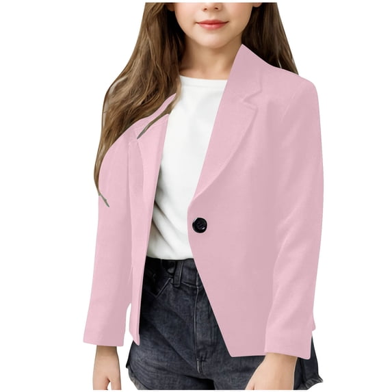 TEAJOPSUU Girls Blazer Jacket Solid Color Lapel Cropped Suit Long Sleeve Shawl Collar formal Blazers Open Front Inner Pocket for Kids 5-14 Year B-Pink